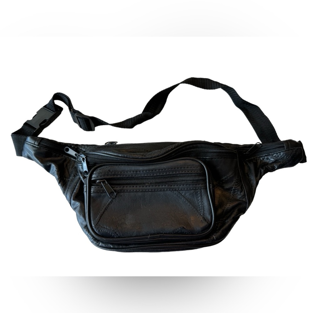 Vintage 80s Black Genuine Leather Unisex Hip Fanny Pack Excellent Shape